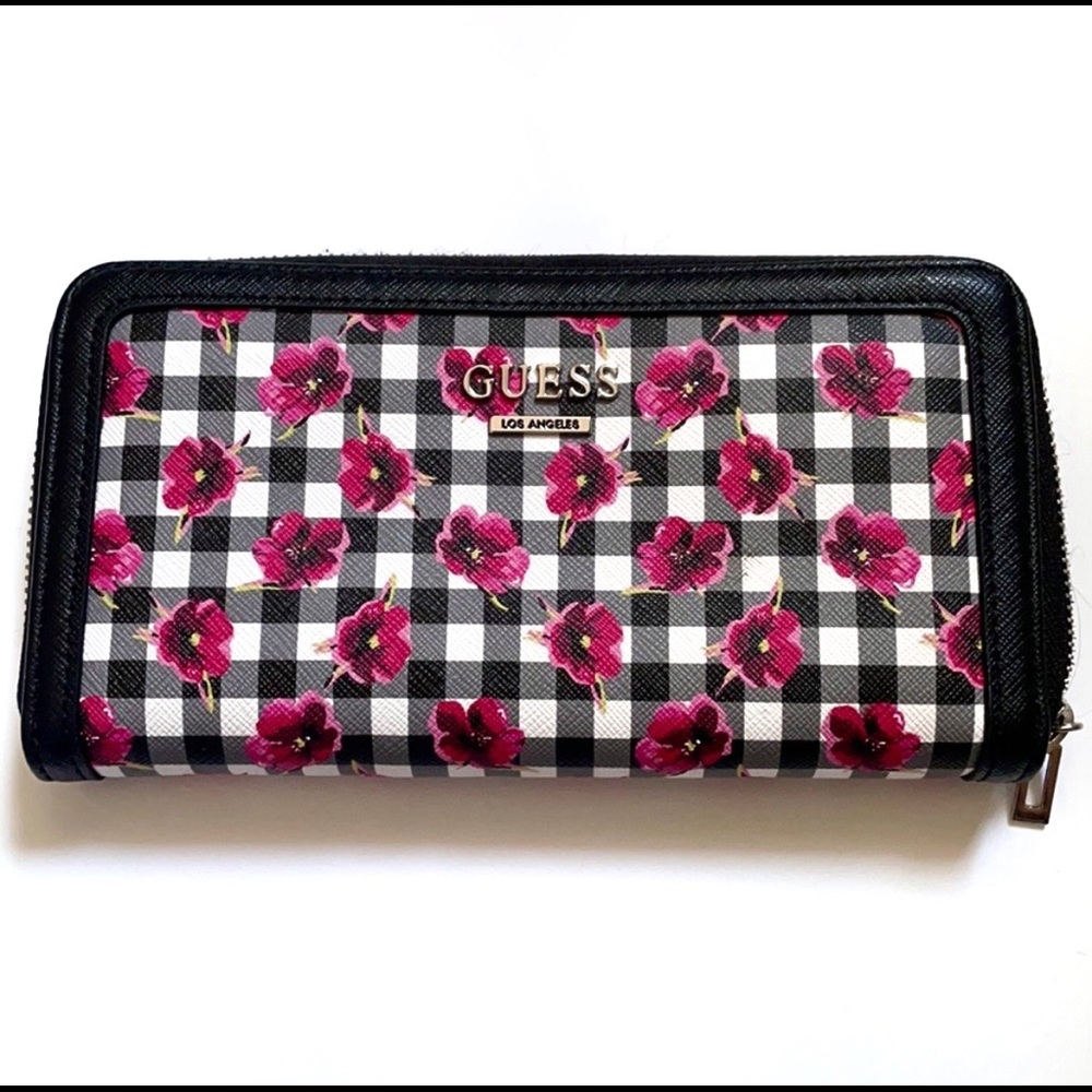 Guess Black, white and Pink Floral Checkered Wallet zip around